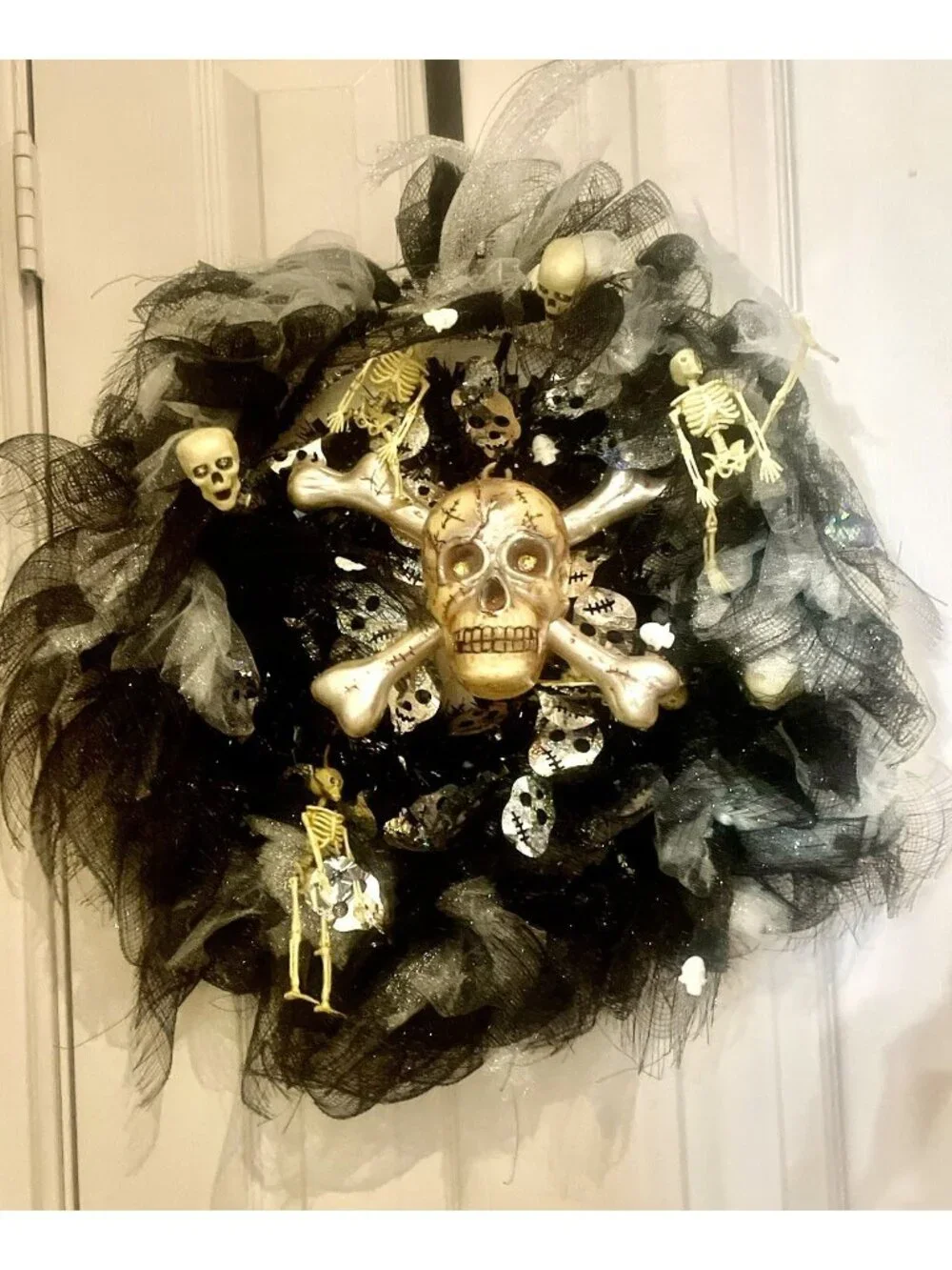 SKULL Skeleton WREATH Deco Mesh Front Door Wall Decor Decoration Halloween black